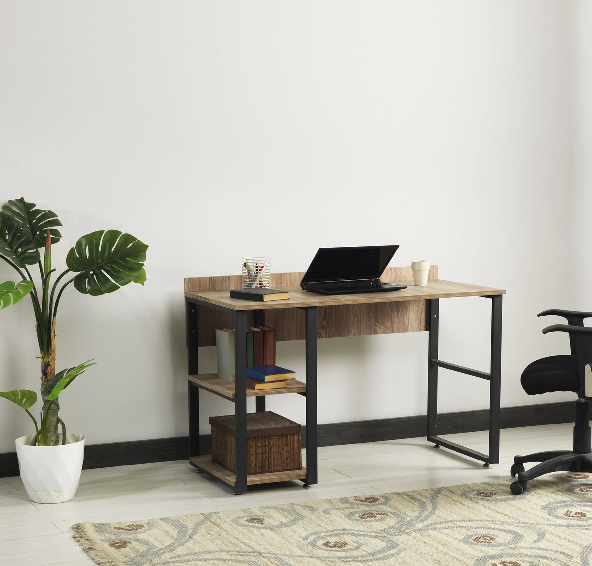 Black Metal Frame 58" Wooden Top 2 Shelves Writing and Computer Desk D820638