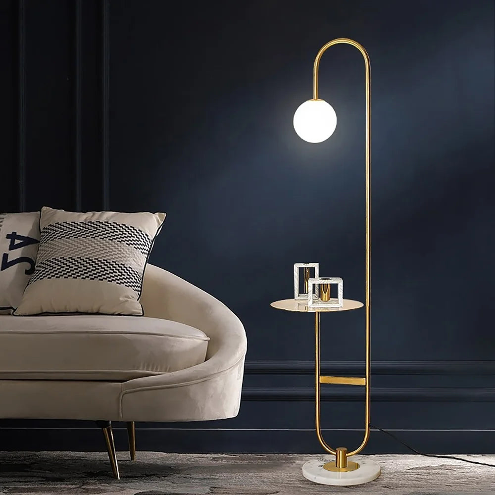 60" Modern Arc Floor Lamp with Shelf Gold Glass Shade Marble Base U7586