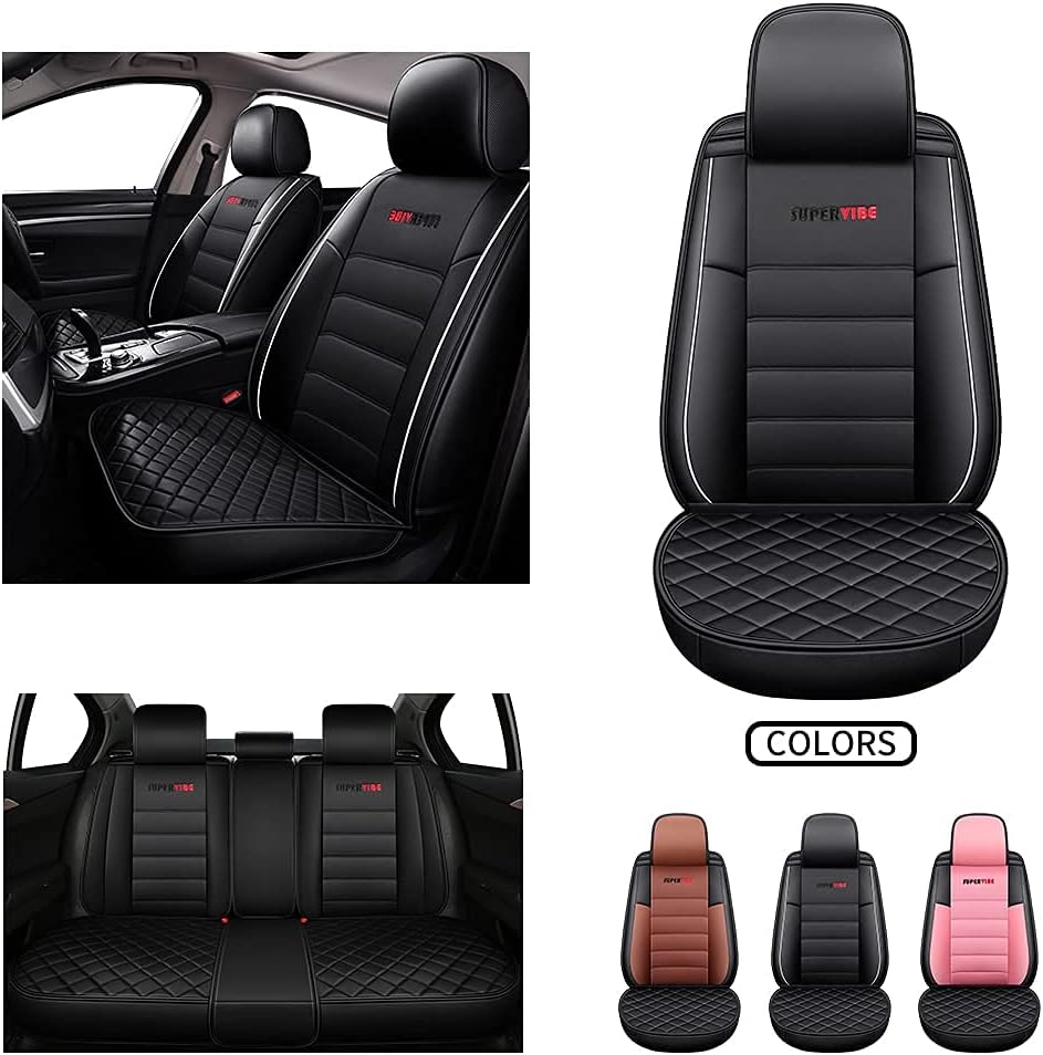Full Coverage Faux Leather Car Seat Covers with Steering Wheel Covers Set Black P7173