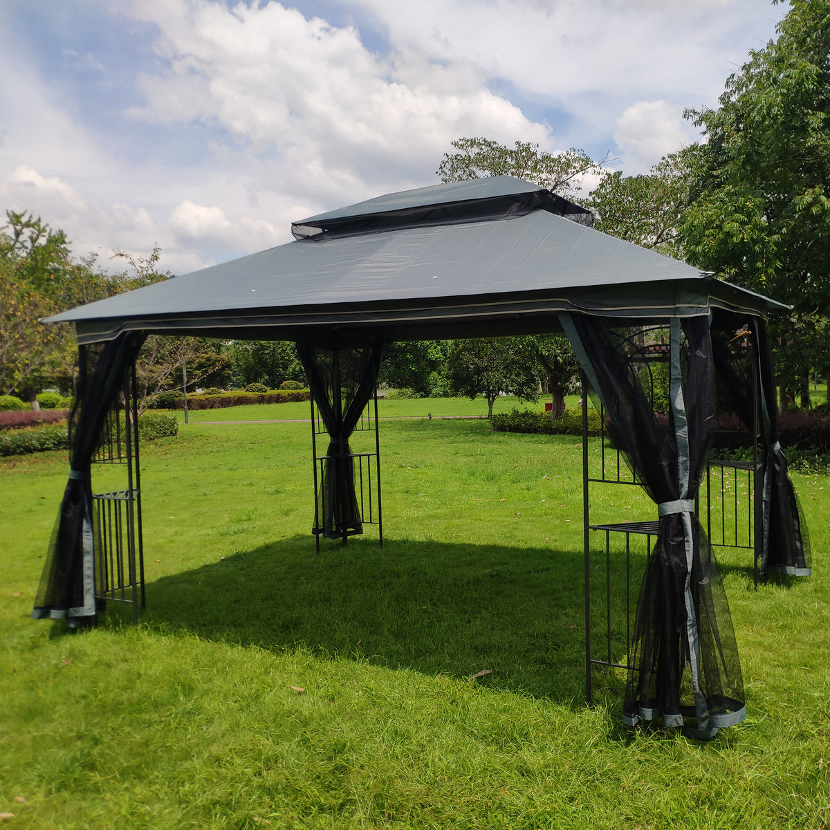 Gray Outdoor Patio Gazebo Canopy Tent with Ventilated Double Roof and Mosquito Net S39220