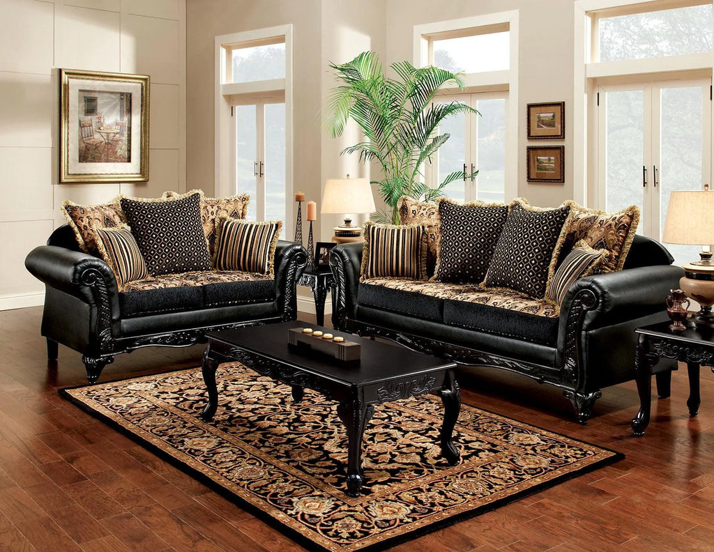 Black & Tan Chenille Sofa and Loveseat Y9762