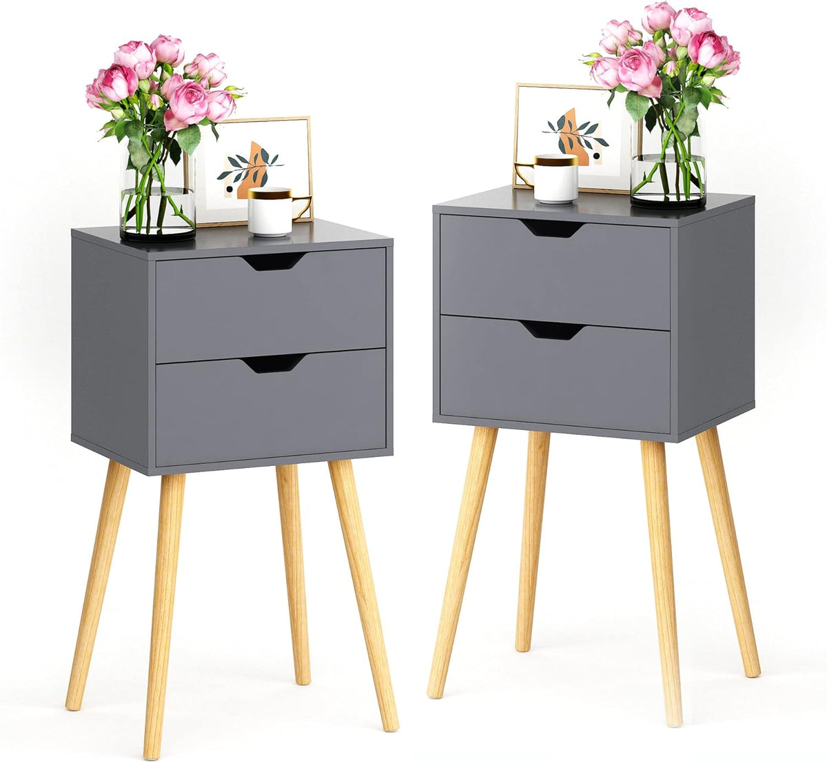 Set of 2 White Walnut 2 Drawer Wood Nightstand K3134