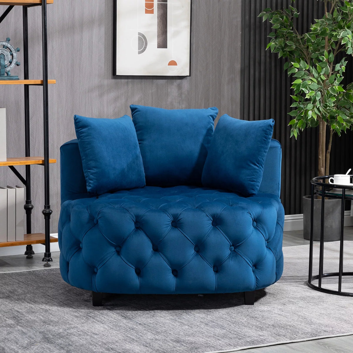 Navy Blue Velvet Oversized Barrel Accent Chair with 3 Pillows E8245