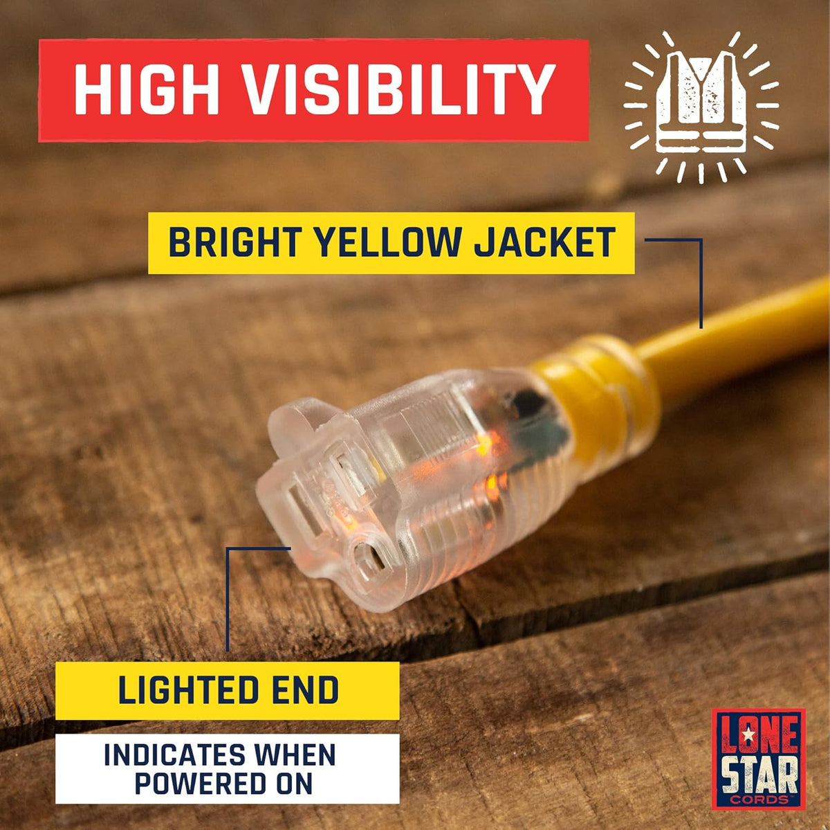 Yellow 50 Foot 12/3 SJTW Lighted Extension Cord 3 Prong Grounded Plug 12 Gauge Cable Pack of 2 M4281