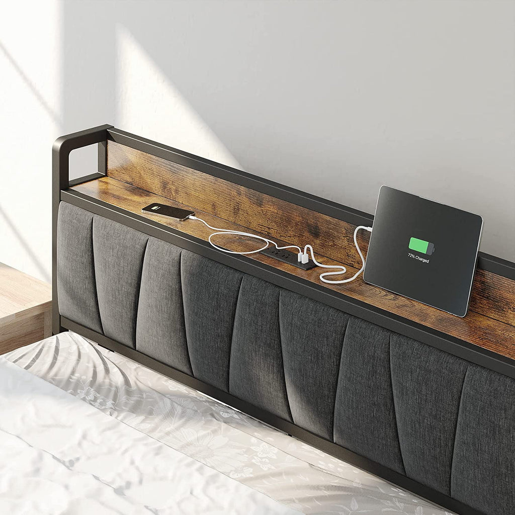 King Metal Bed Frame with Storage Headboard and Outlets G9655