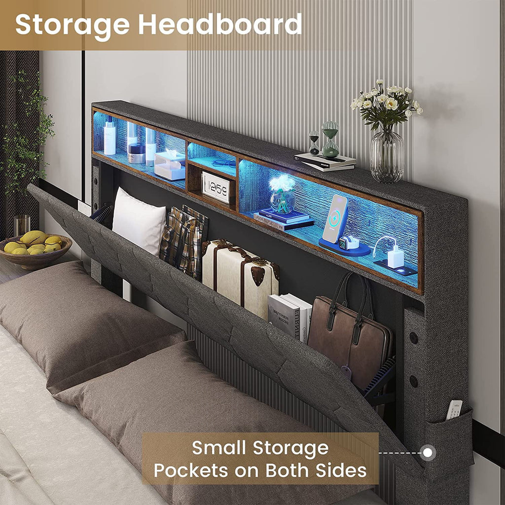 Full Size Platform Bed Frame with LED Headboard, Outlets and USB Ports, Dark Grey B257