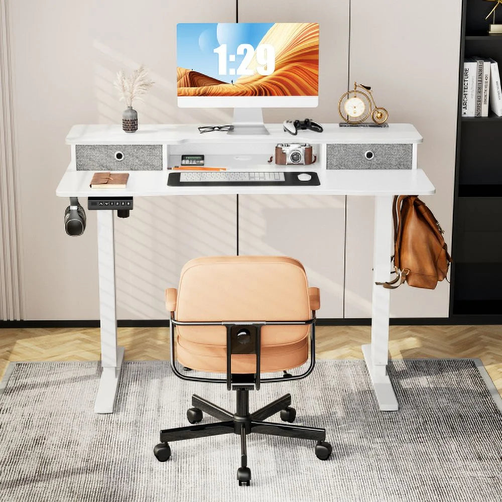 Height Adjustable Electric Standing Desk with Storage Shelf Double Drawer White J915040