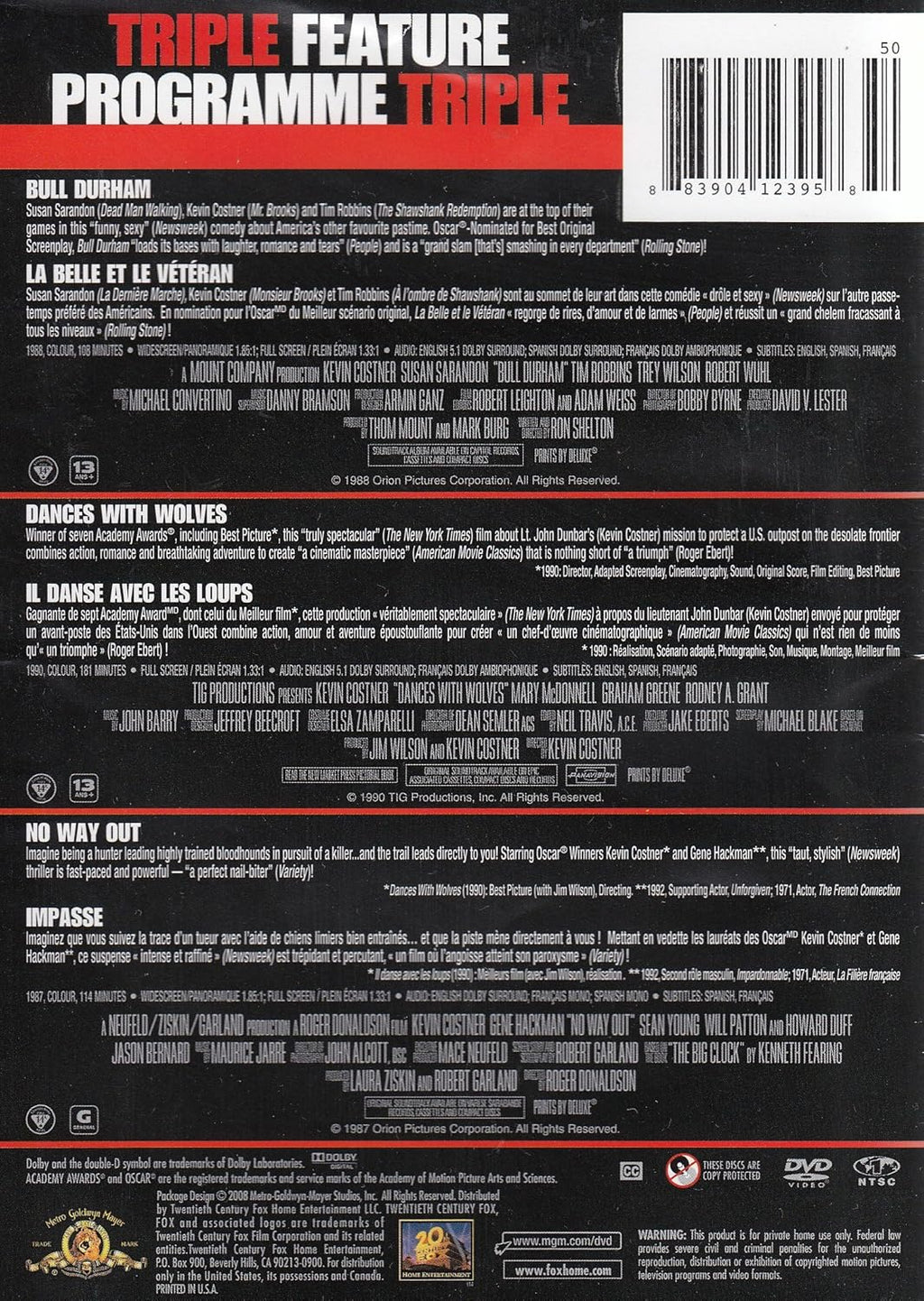 Triple Feature: Bull Durham / Dances with Wolves / No Way Out U8088