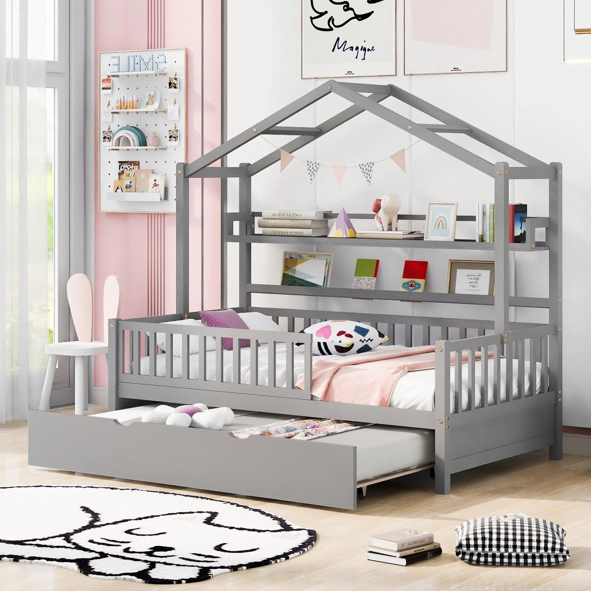 Gray Wood Twin House Bed with Trundle X808