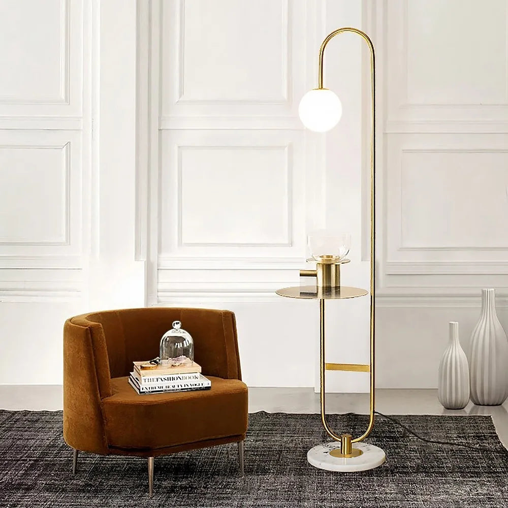 60" Modern Arc Floor Lamp with Shelf Gold Glass Shade Marble Base U7586