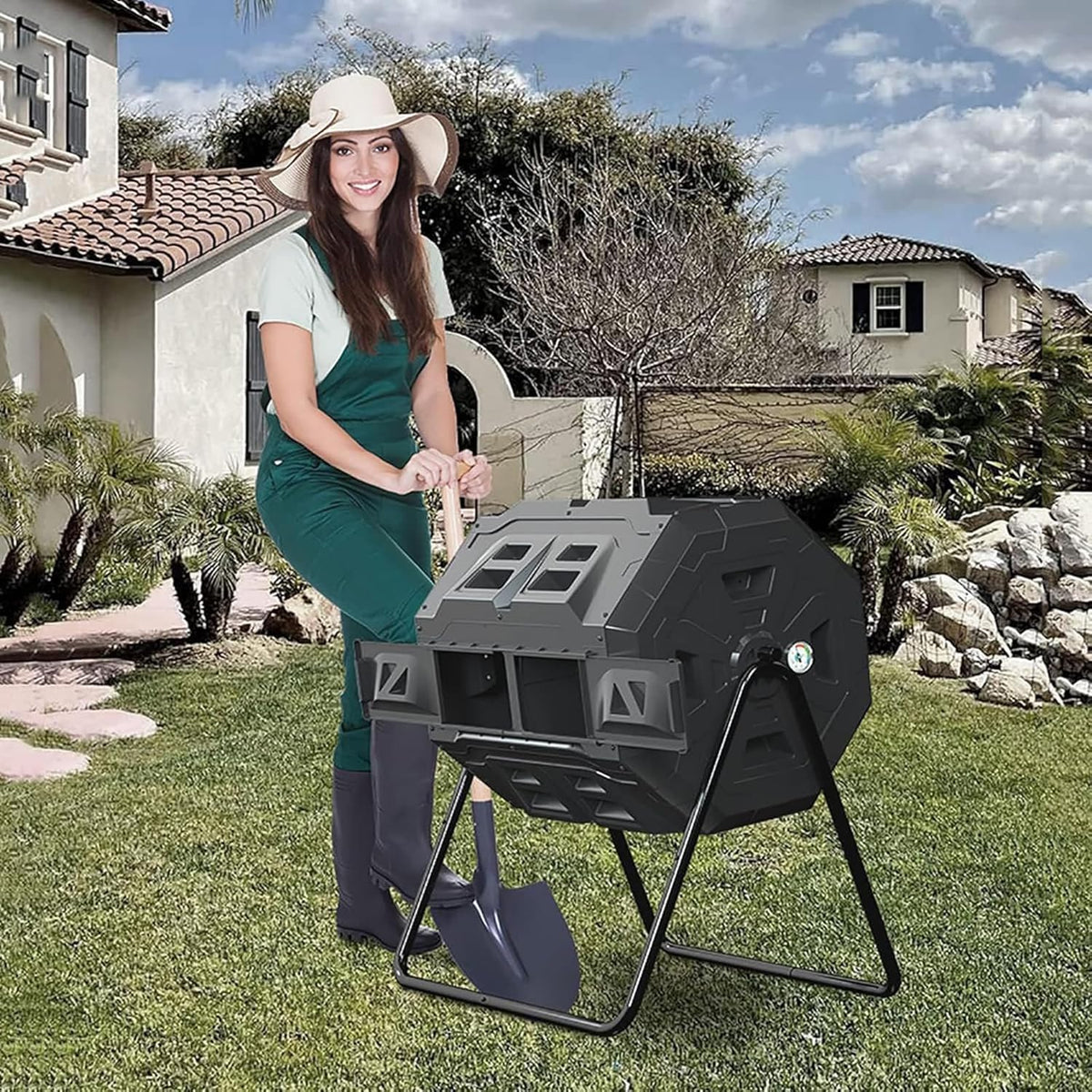 160L Dual Chamber Tumbling Compost Bin with Thermometer V210503