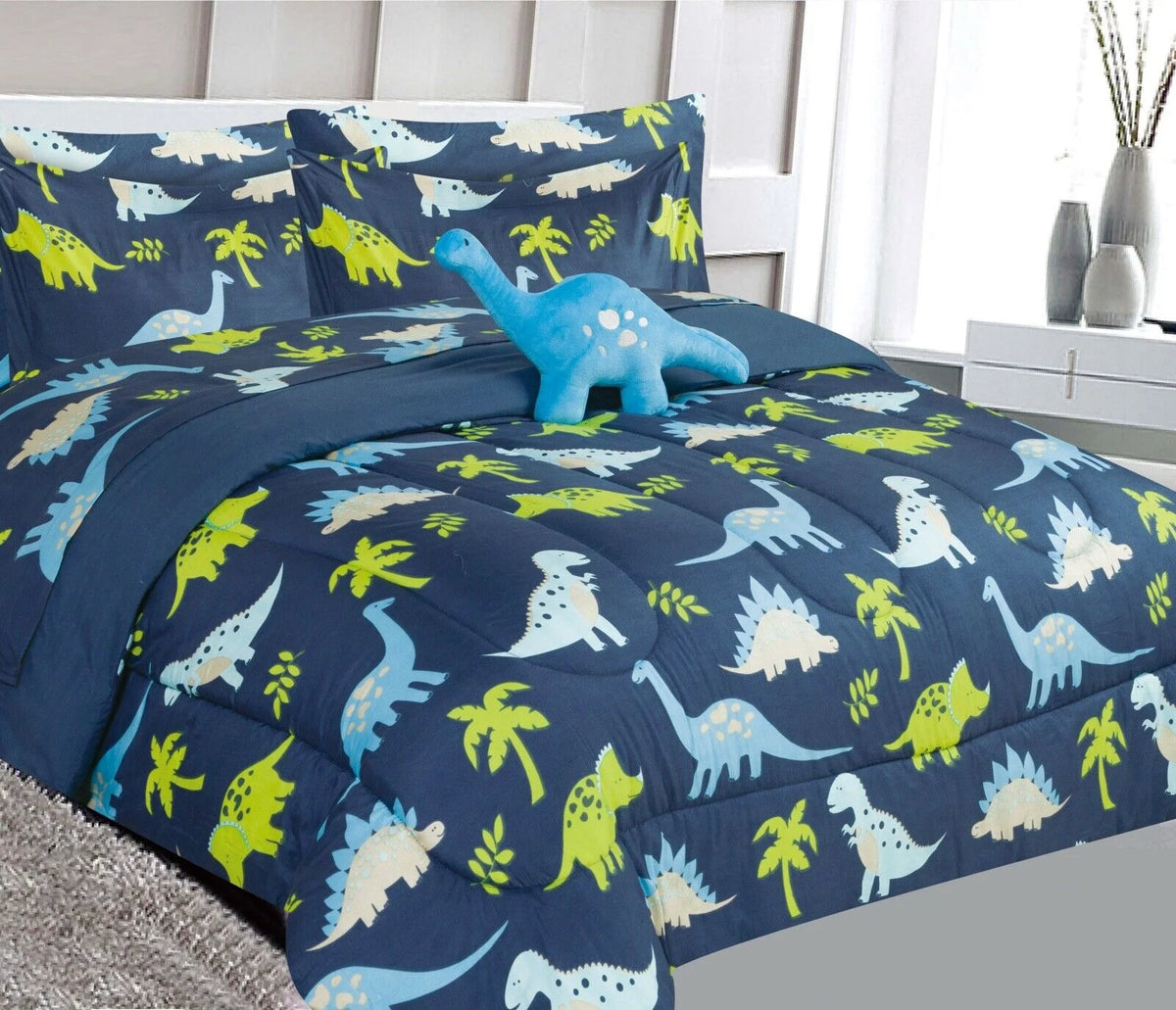 Blue 8pc Full Size Dinosaur Comforter and Sheet Set G652