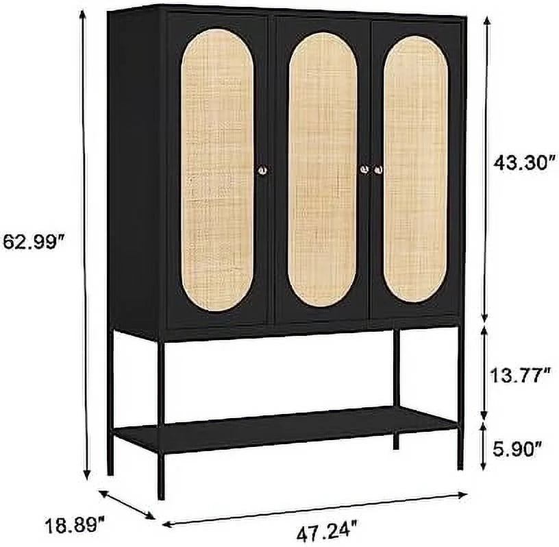 Large 3 Door Rattan Wardrobe Closet with Shelves and Hanging Rail B56057