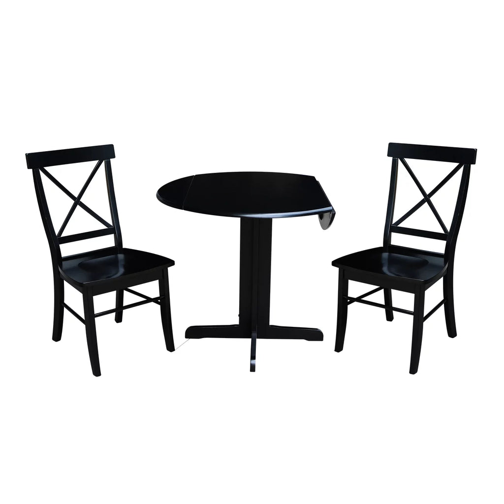 36 inch Dual Drop Leaf Dining Table with Two X-back Chairs in Black Z3579