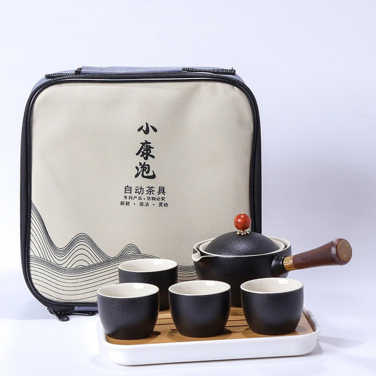 Ceramic Portable Travel Tea Set with 360 Rotation Teapot, 4 Tea Cups, Bamboo Tea Tray and Travel Bag W7023