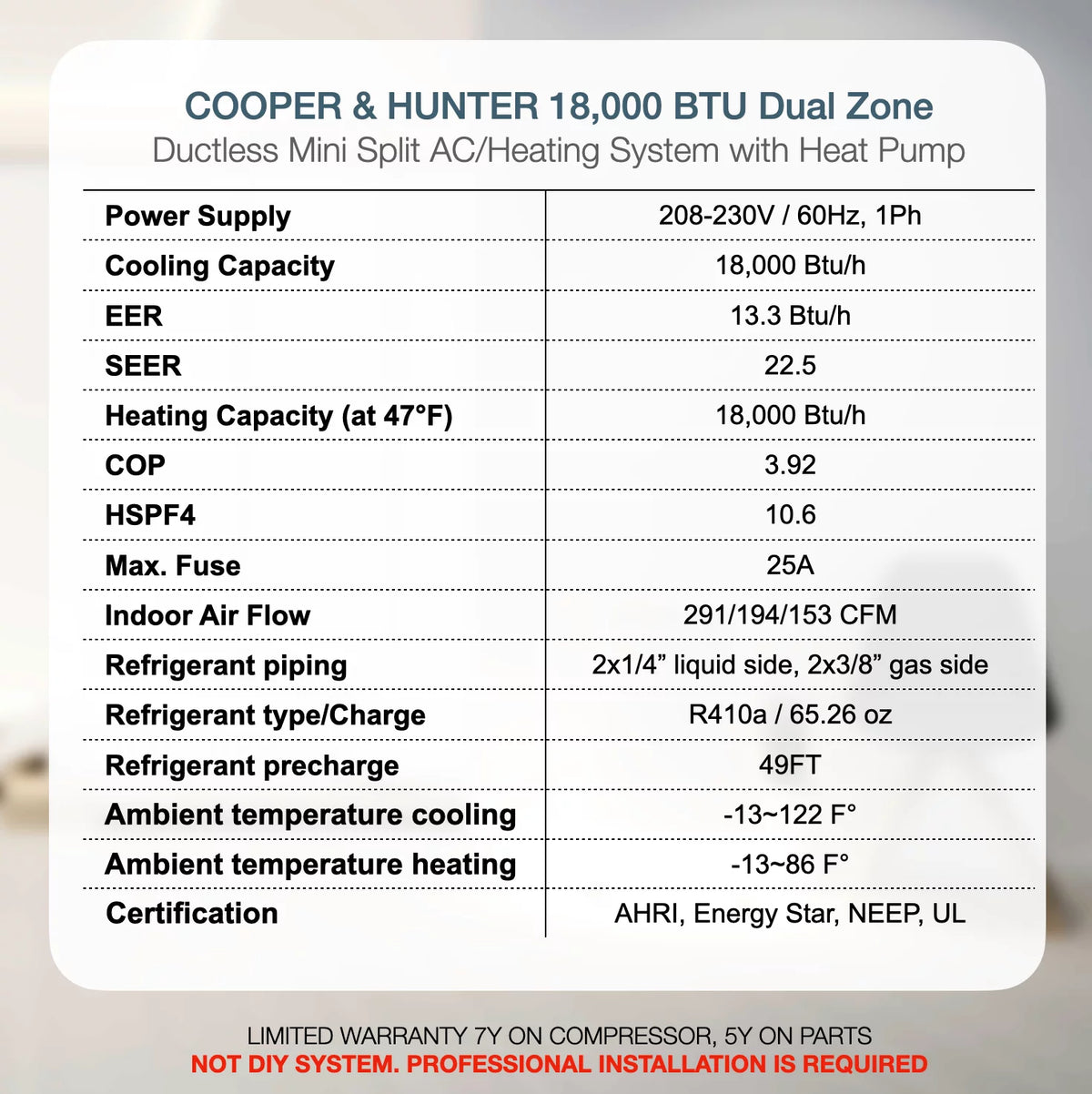 18000 BTU 230V Dual Zone Mini Split Heat Pump Air Conditioner S49158