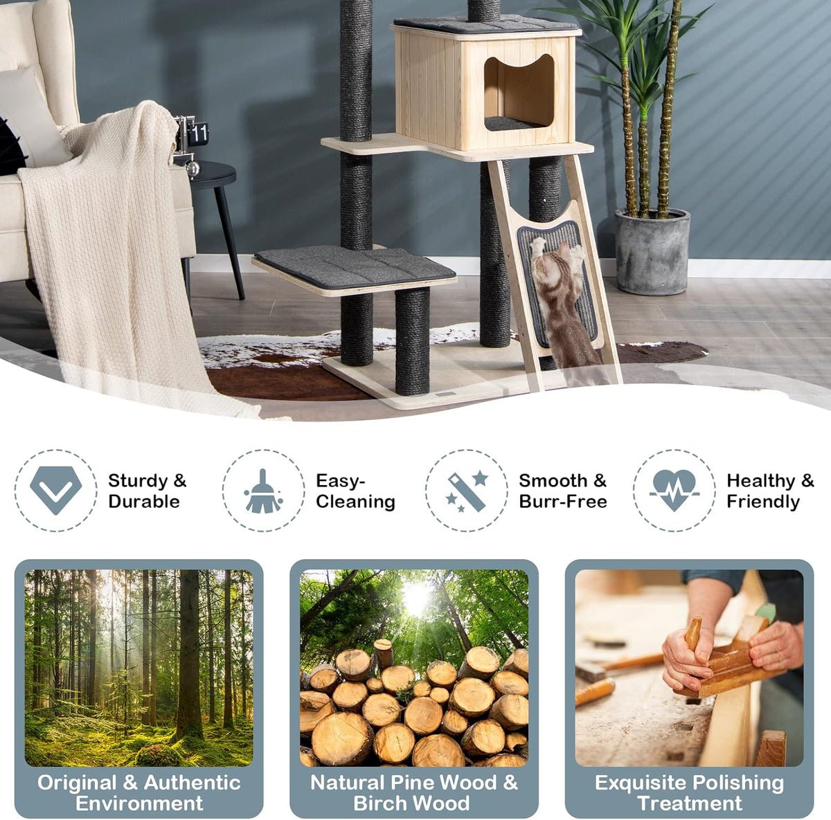 Grey Wooden Cat Tree with Sisal Posts & Scratch Board X122
