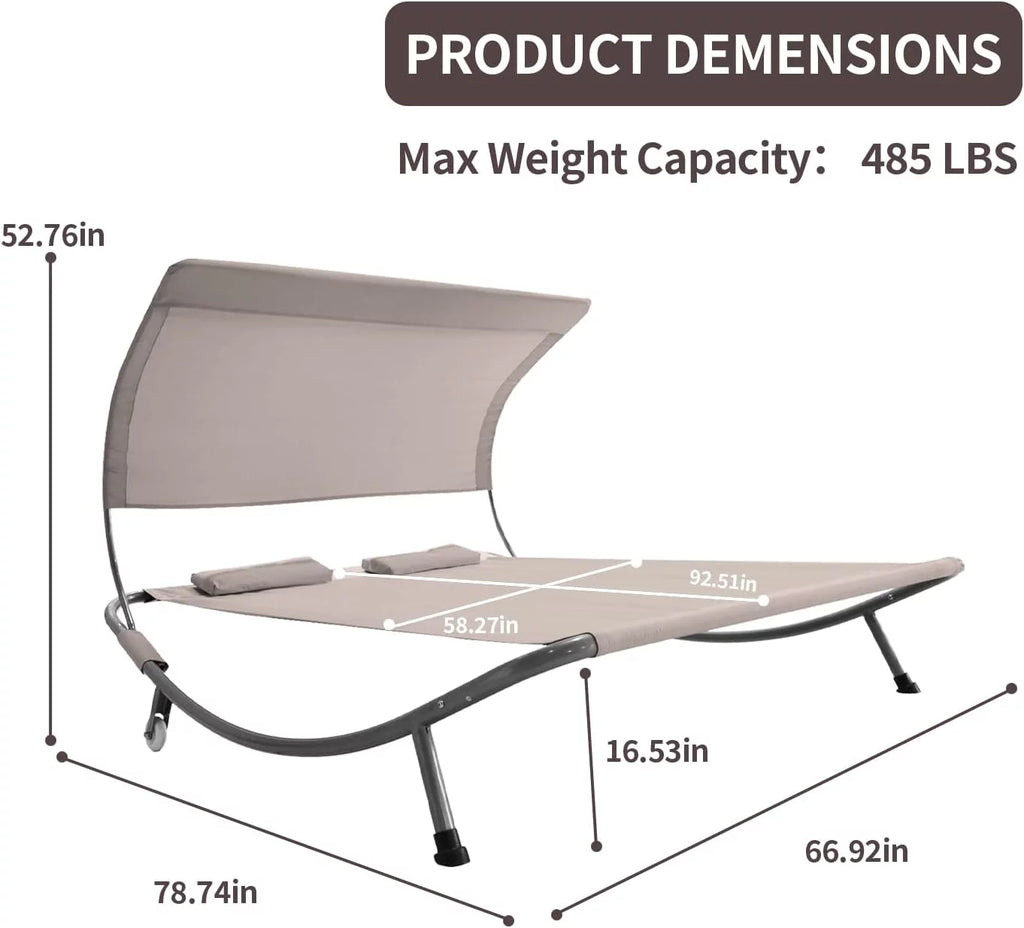 Double Chaise Lounge Bed with Canopy, Headrest Pillow and Wheels R3777