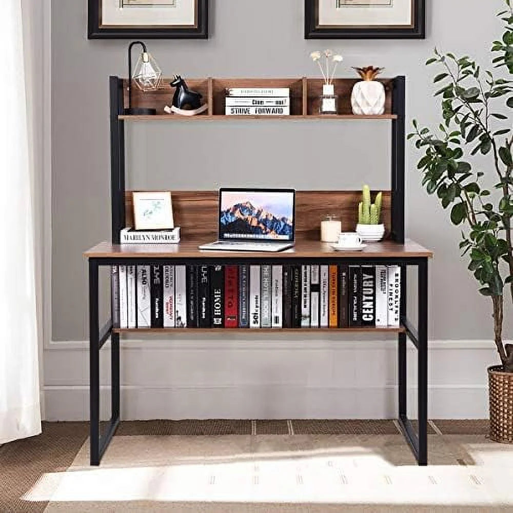 Light Walnut Computer Desk with Hutch and Bookshelves S7704