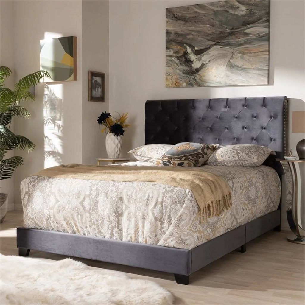 Gray Velvet Upholstered King Bed D712
