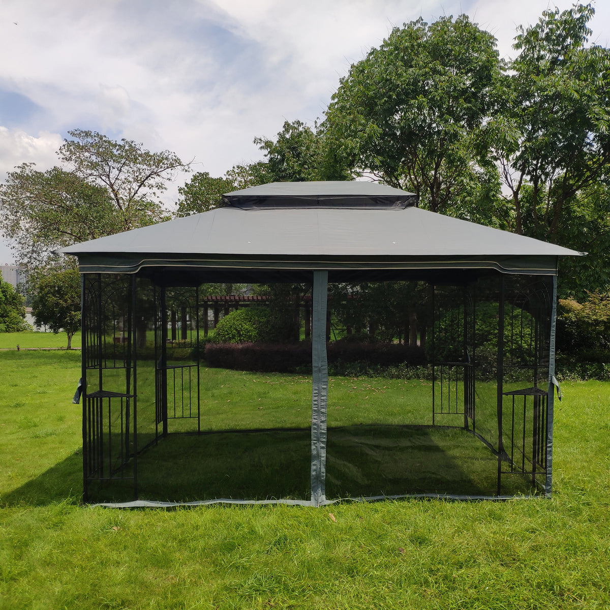 Gray Outdoor Patio Gazebo Canopy Tent with Ventilated Double Roof and Mosquito Net S39220