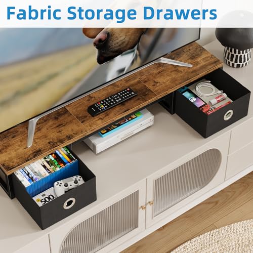 Rustic Brown TV Riser with Fabric Drawers and Steel Legs Y26083
