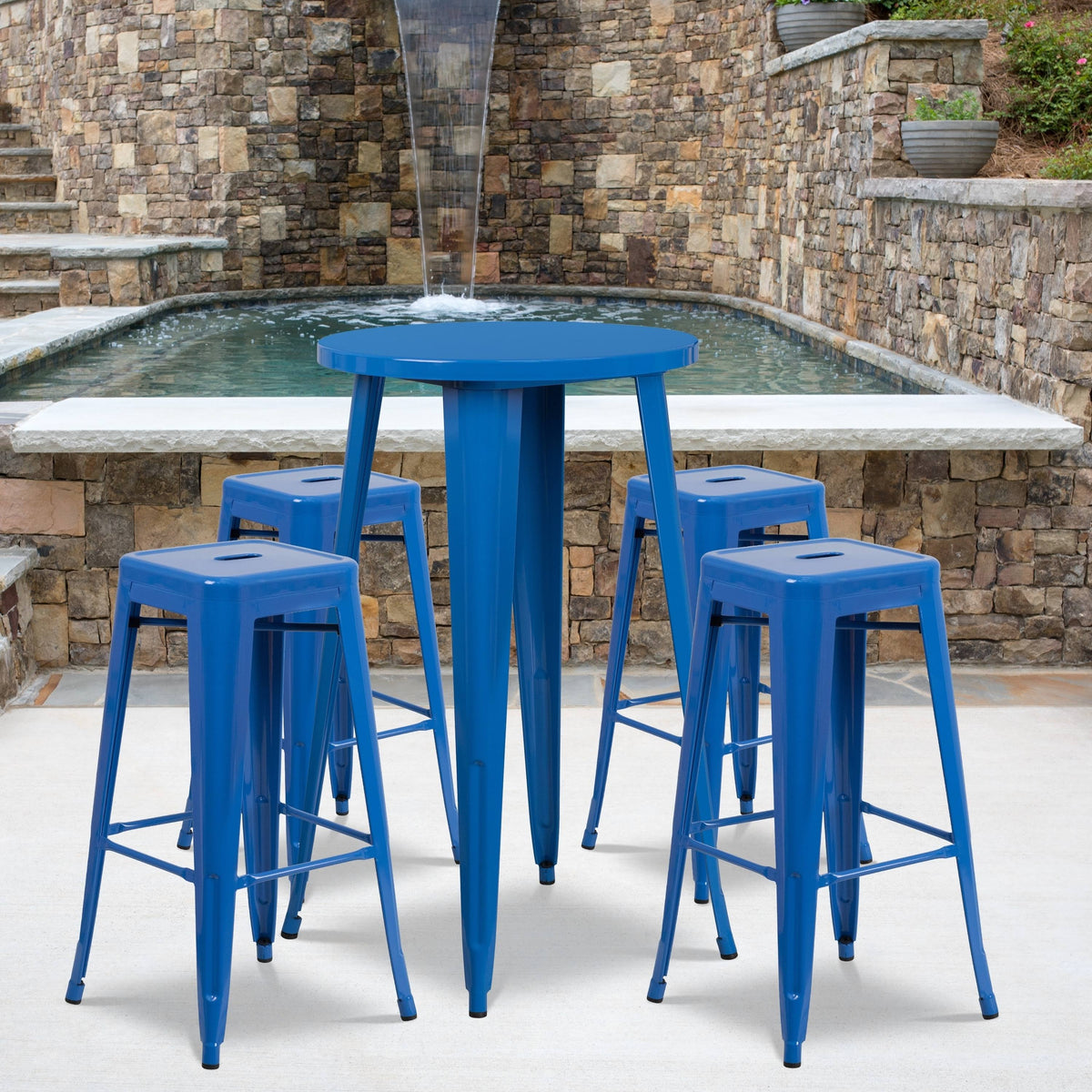24-Inch Round Metal Indoor-Outdoor Bar Table Set with 4 Backless Barstools, Black I941051
