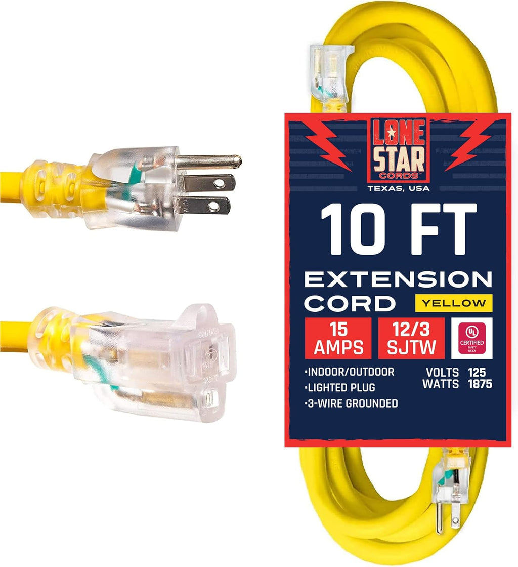 Yellow 50 Foot 12/3 SJTW Lighted Extension Cord 3 Prong Grounded Plug 12 Gauge Cable Pack of 2 M4281