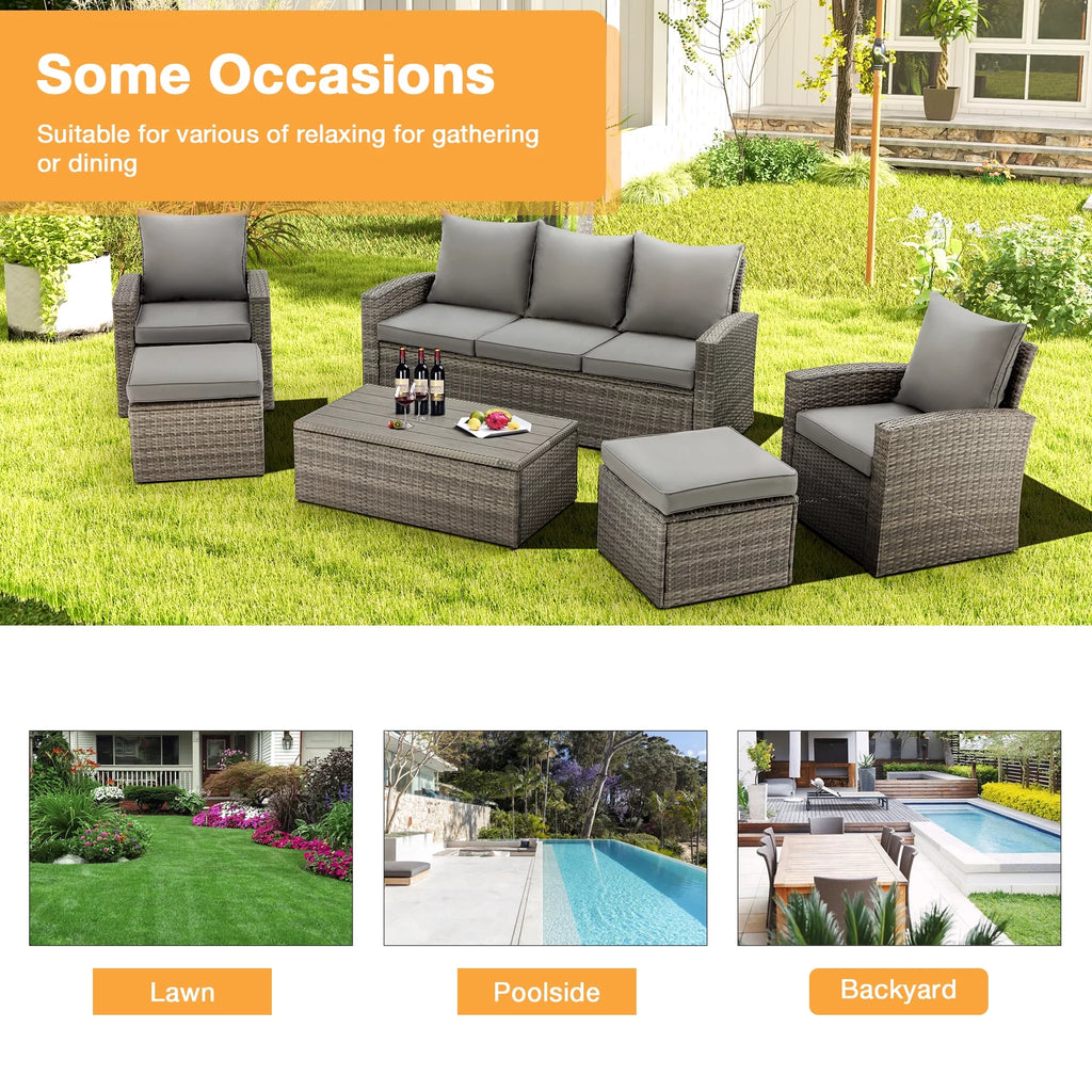 6 Pieces Wicker Rattan Sofa and Table K59179