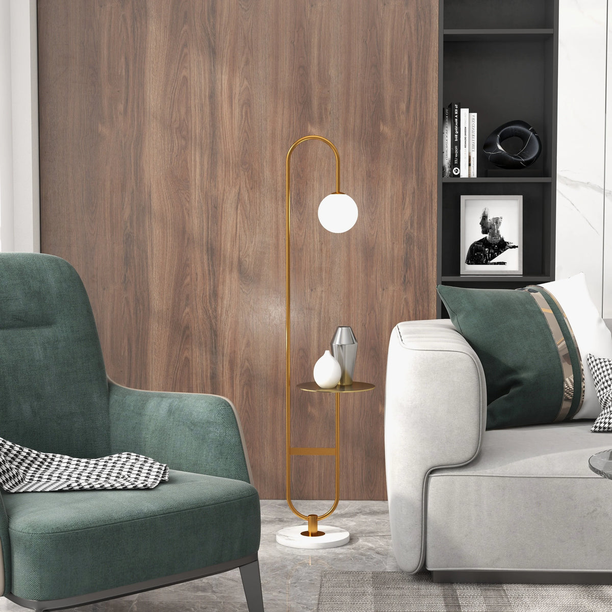 60" Modern Arc Floor Lamp with Shelf Gold Glass Shade Marble Base U7586
