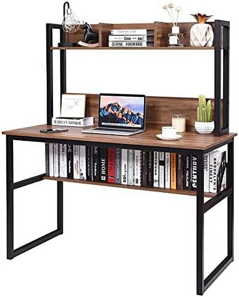 Light Walnut Computer Desk with Hutch and Bookshelves S7704