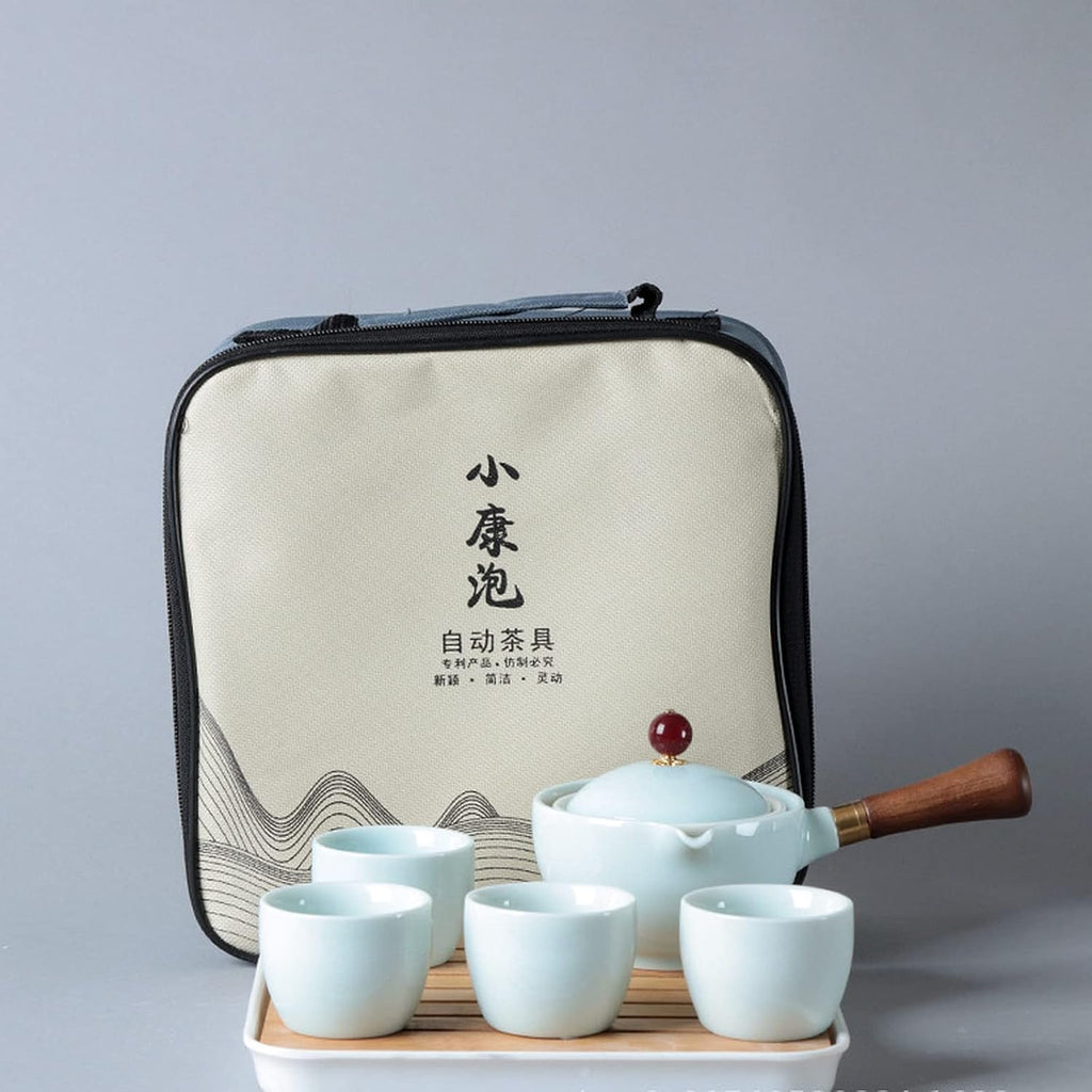 Ceramic Portable Travel Tea Set with 360 Rotation Teapot, 4 Tea Cups, Bamboo Tea Tray and Travel Bag W7023