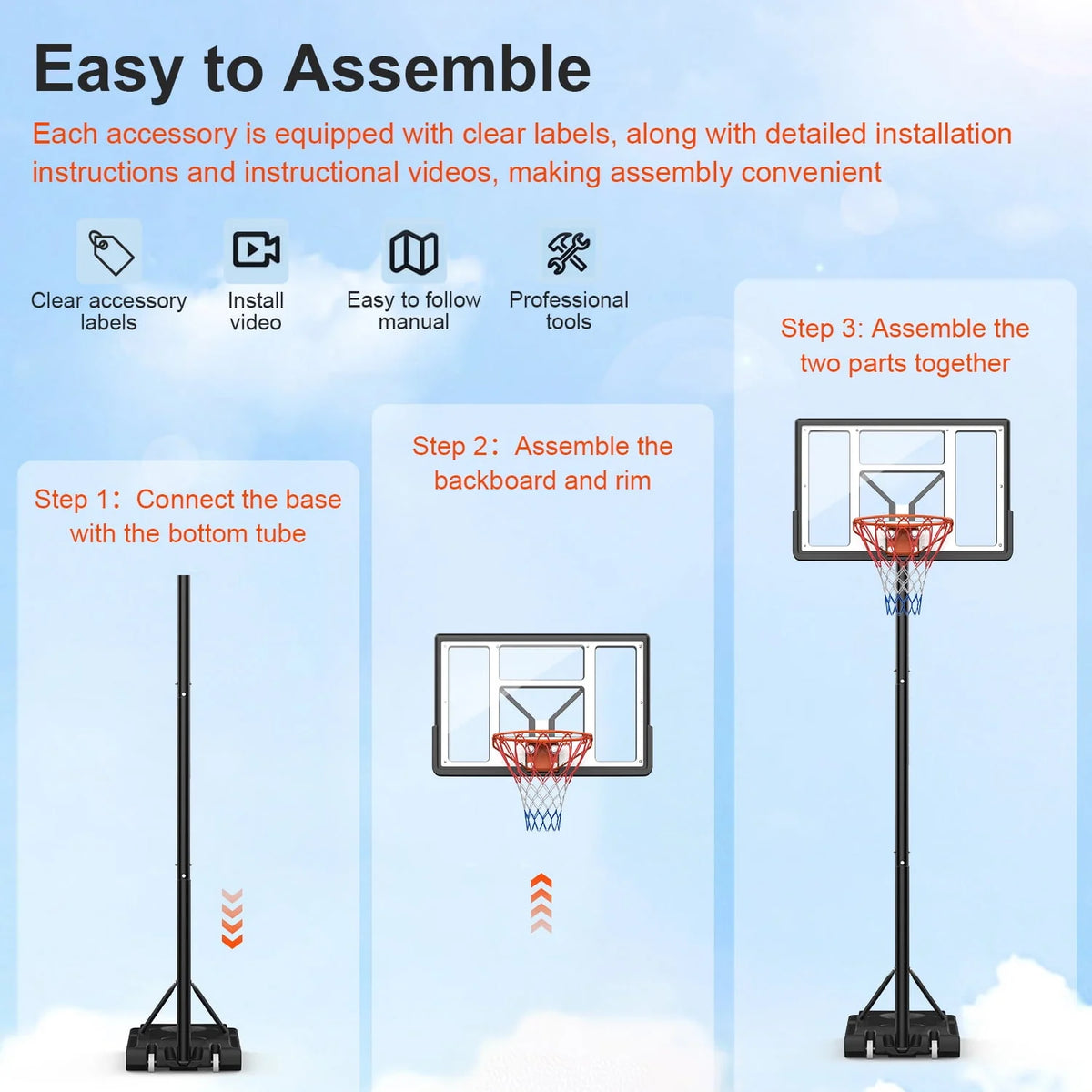 Height Adjustable Portable Basketball Hoop with Shatterproof PVC Backboard and 18 Rim E8090