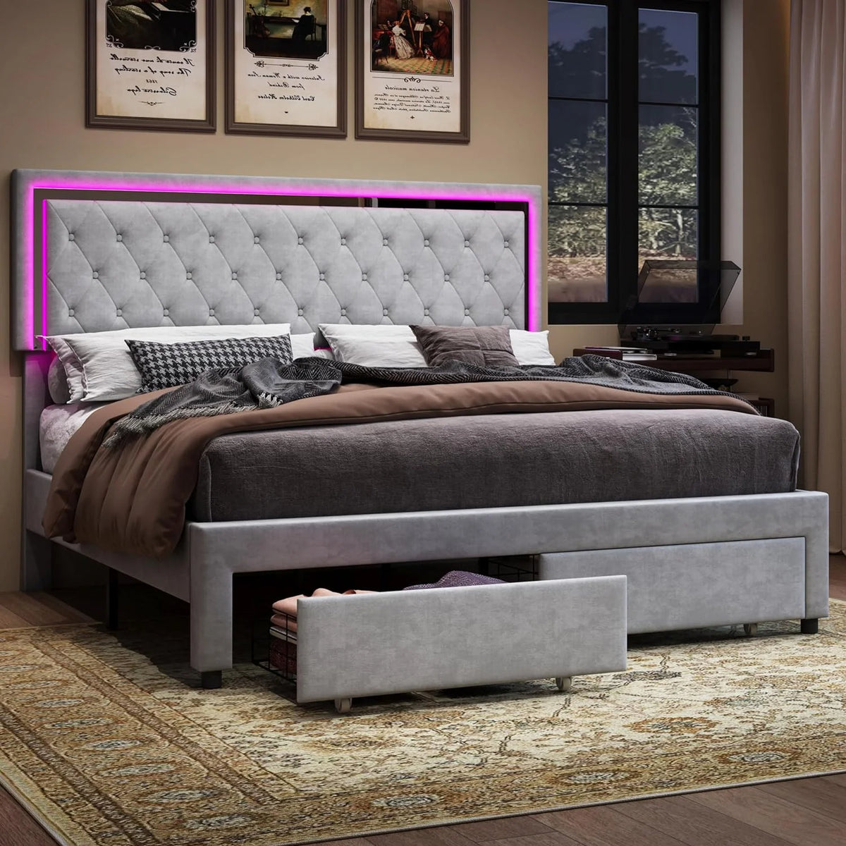 Queen Size Velvet Upholstered Platform Bed with Storage Drawers T915