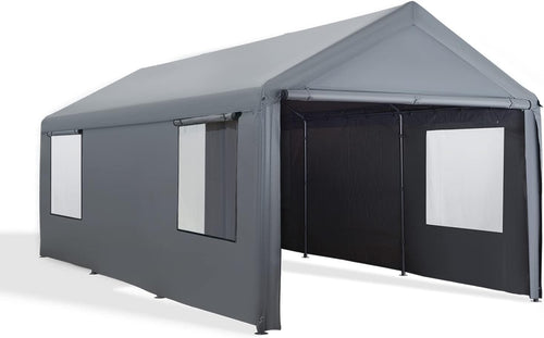 12'x20' Extra Large Heavy Duty Carport with Roll-up Ventilated Windows, Removable Sidewalls & Doors, Beige D231938