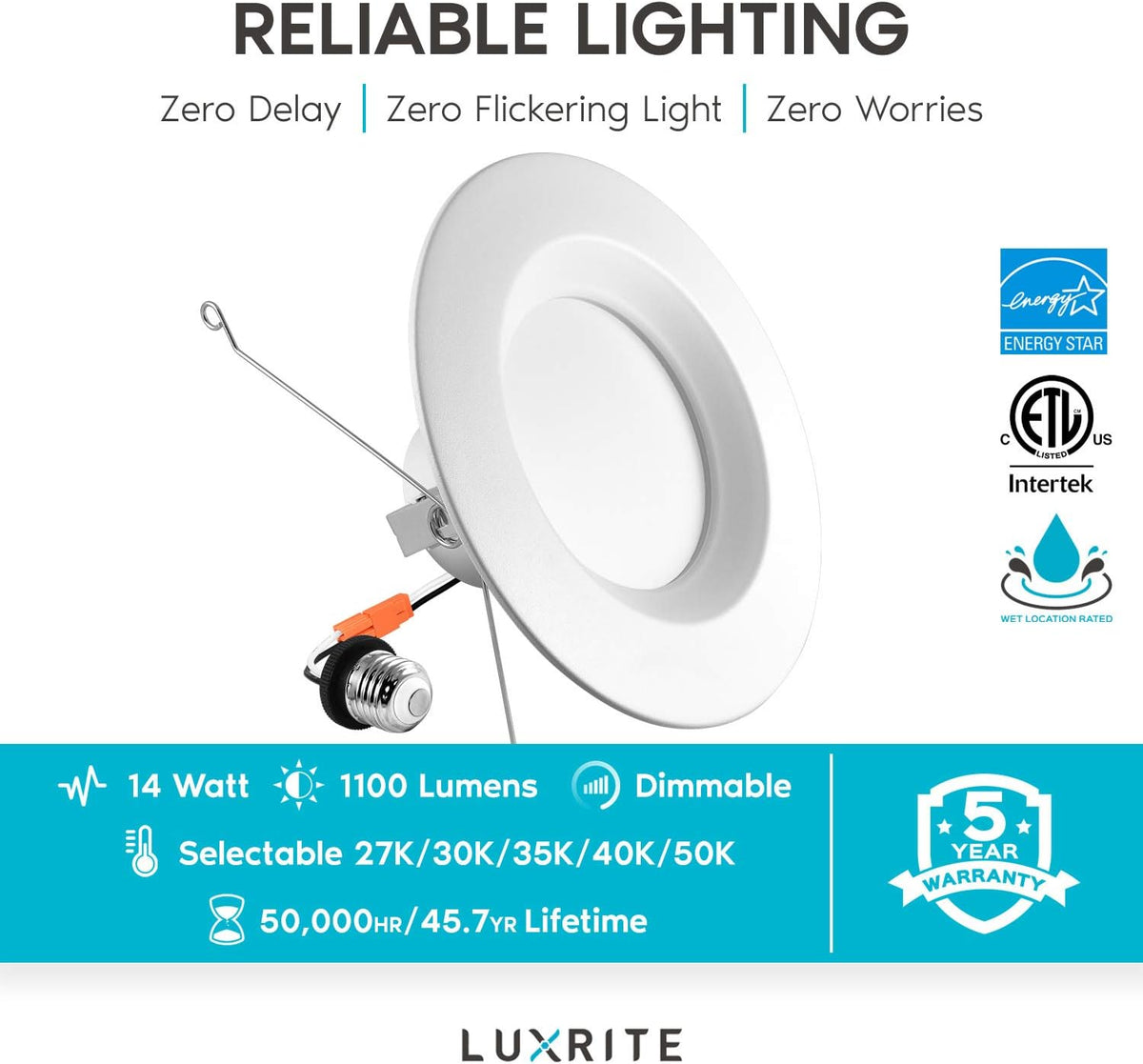 5/6 Inch LED Recessed Retrofit Downlight, 14W, Color Selectable, Dimmable, 12 Pack G759