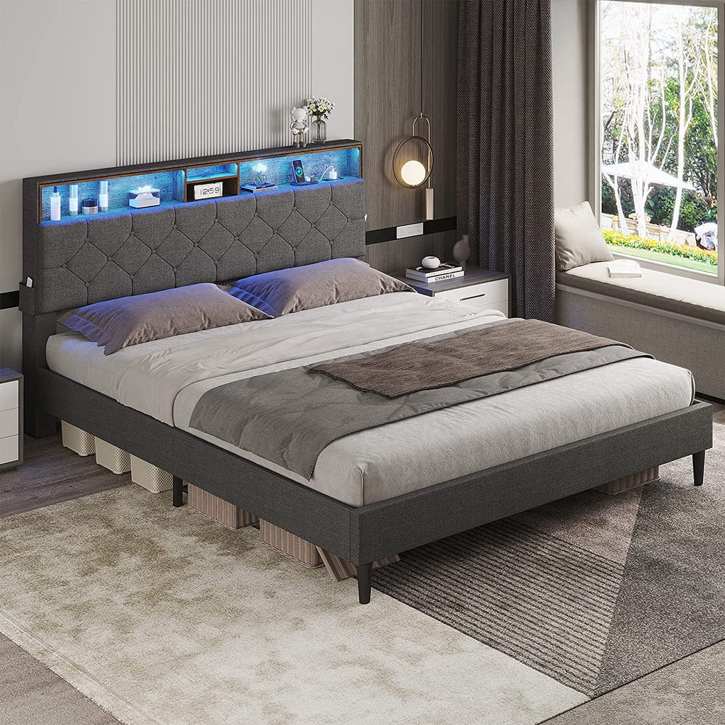 Full Size Platform Bed Frame with LED Headboard, Outlets and USB Ports, Dark Grey B257