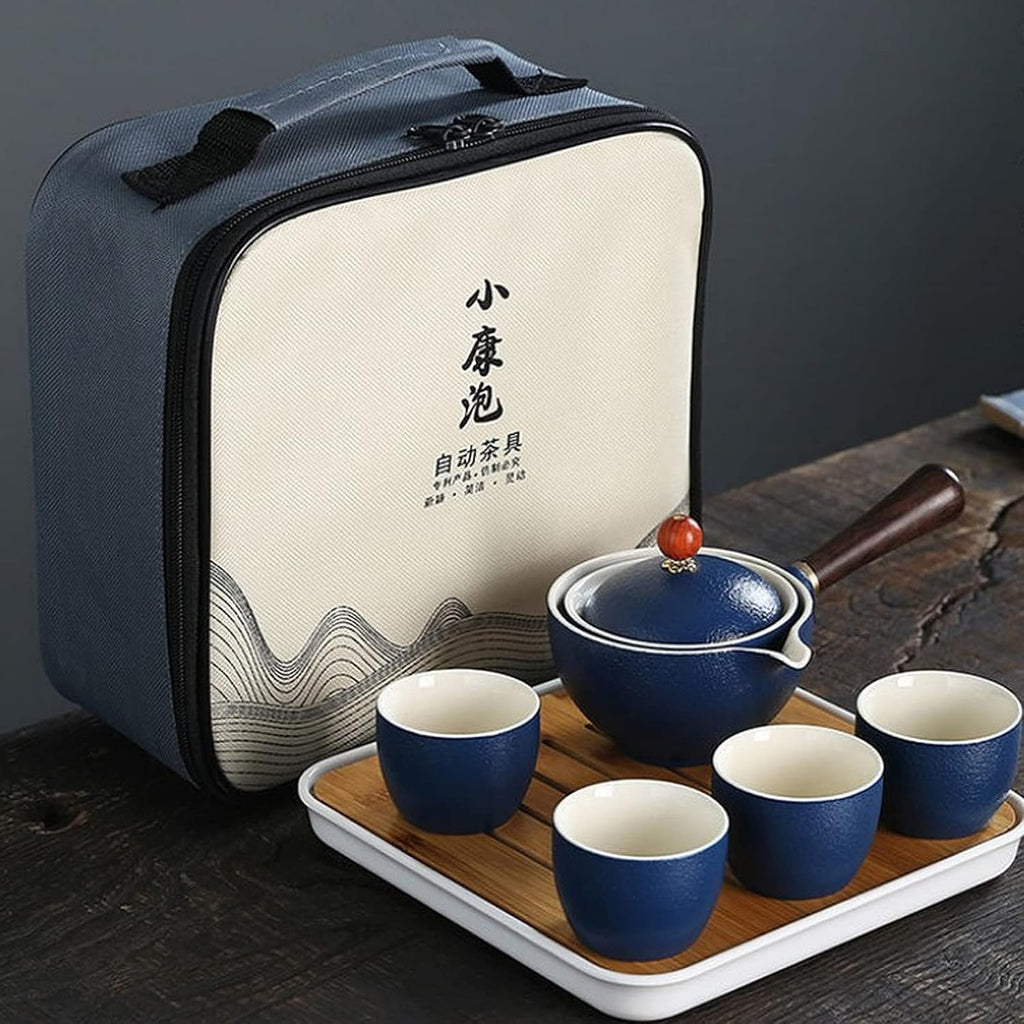 Ceramic Portable Travel Tea Set with 360 Rotation Teapot, 4 Tea Cups, Bamboo Tea Tray and Travel Bag W7023