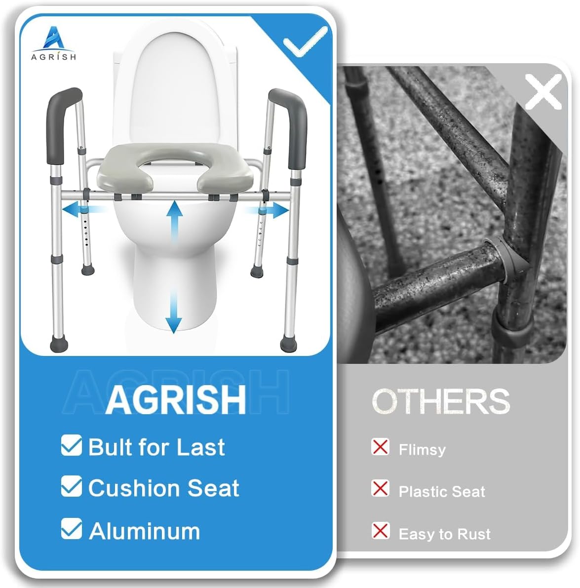 Raised Toilet Seat with Handles, Width and Height Adjustable Padded Toilet Seat Risers, Heavy Duty 350lbs B5972