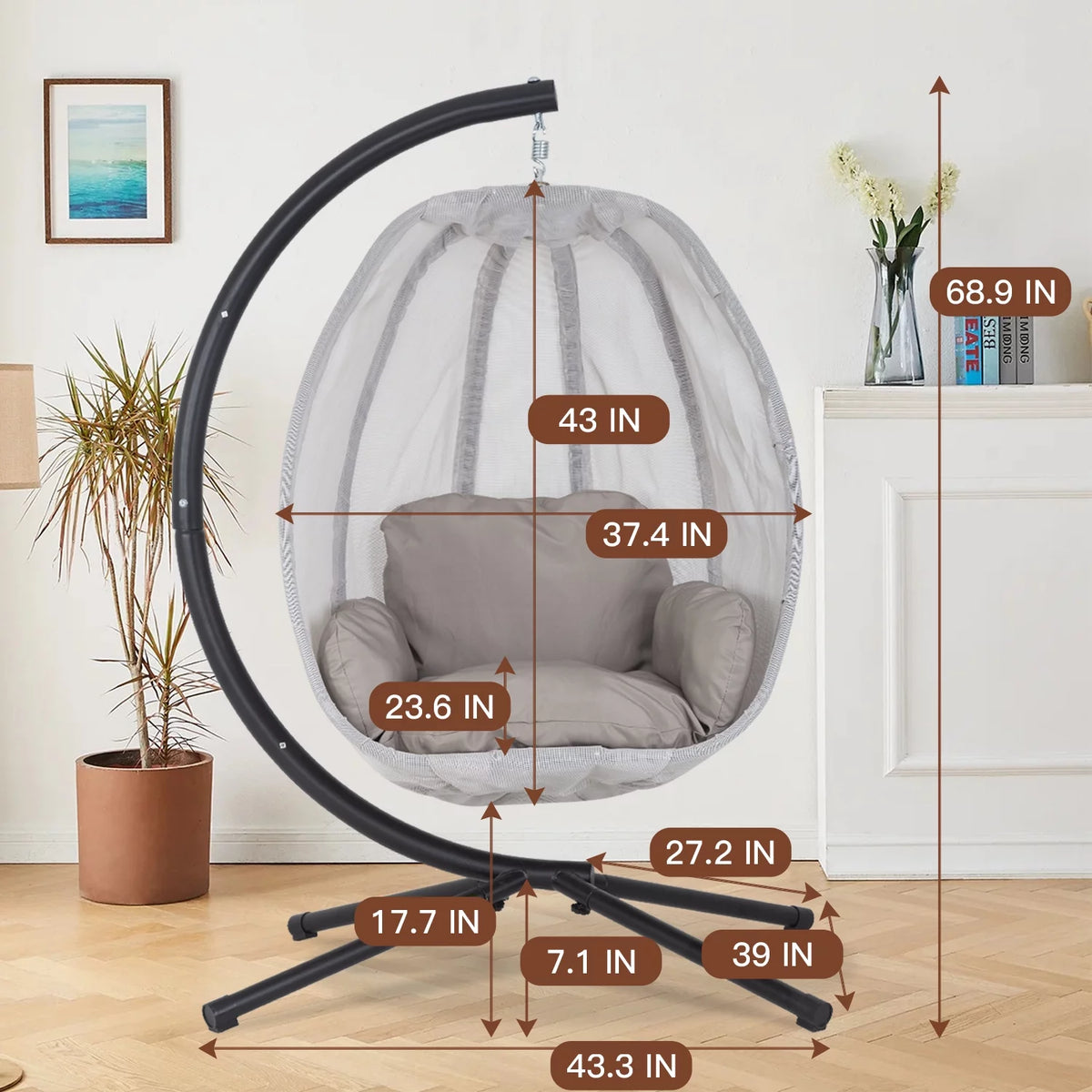 Egg Chair with Metal Stand and Cushion, 400LBS Capacity, Gray A186