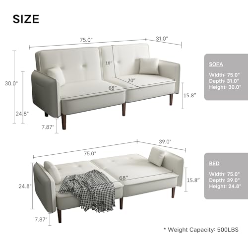 Pink Upholstered Convertible Futon Sofa Bed with 2 Pillows K5826
