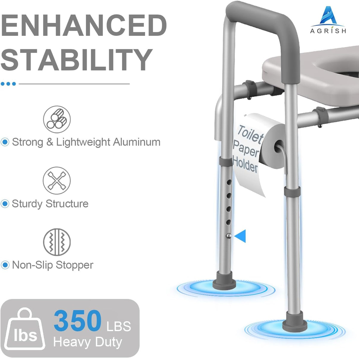 Raised Toilet Seat with Handles, Width and Height Adjustable Padded Toilet Seat Risers, Heavy Duty 350lbs B5972