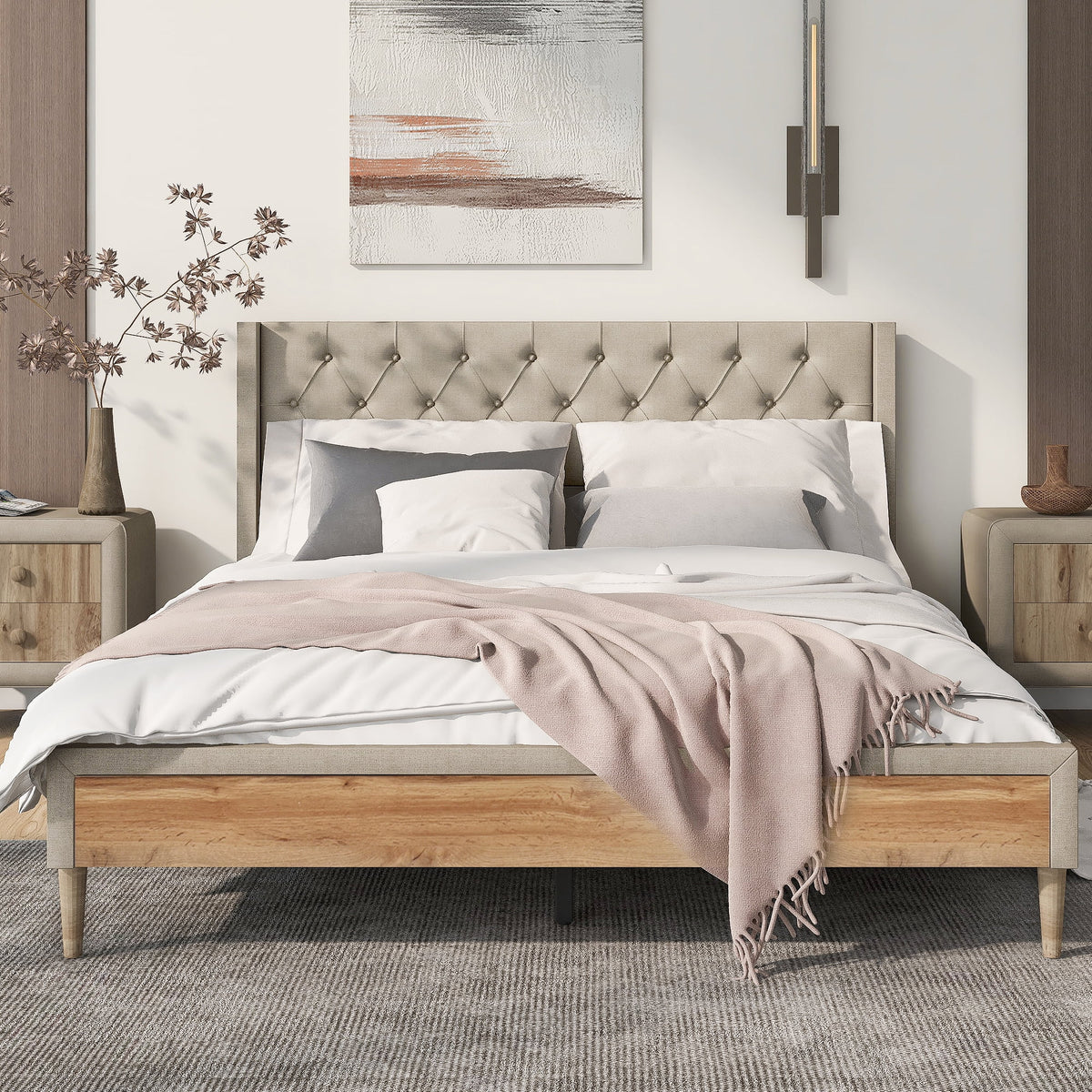 Upholstered Platform Bed Frame with Rubber Wood Legs Queen U157069