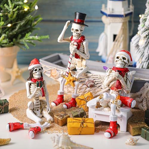 3 Pcs Skeleton Figurines with Christmas Hat and Scarf 7.5" Tall I805
