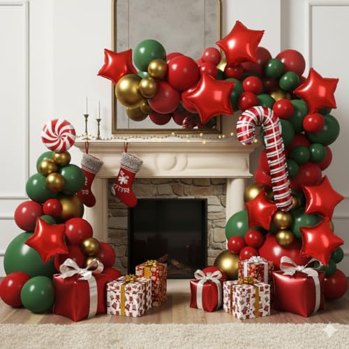 Red and Green Christmas Balloon Arch Kit with Candy Cane and Star Foil Balloons P14236