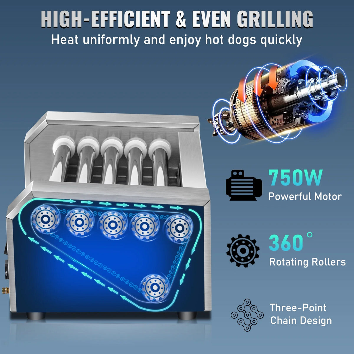 12 Hot Dog 5 Roller Grill Cooker Machine Stainless Steel 750W D4739