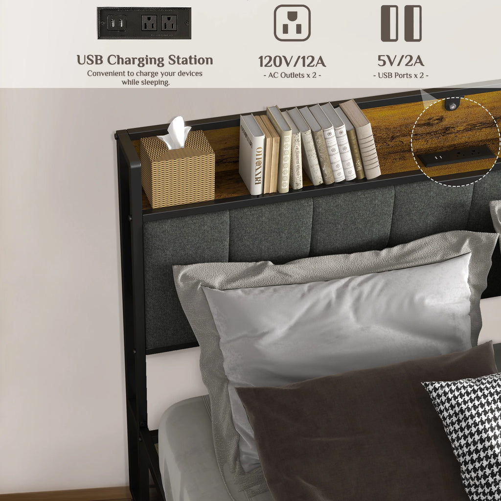 Log Brown Full Size Metal Bedframe with Headboard R5228
