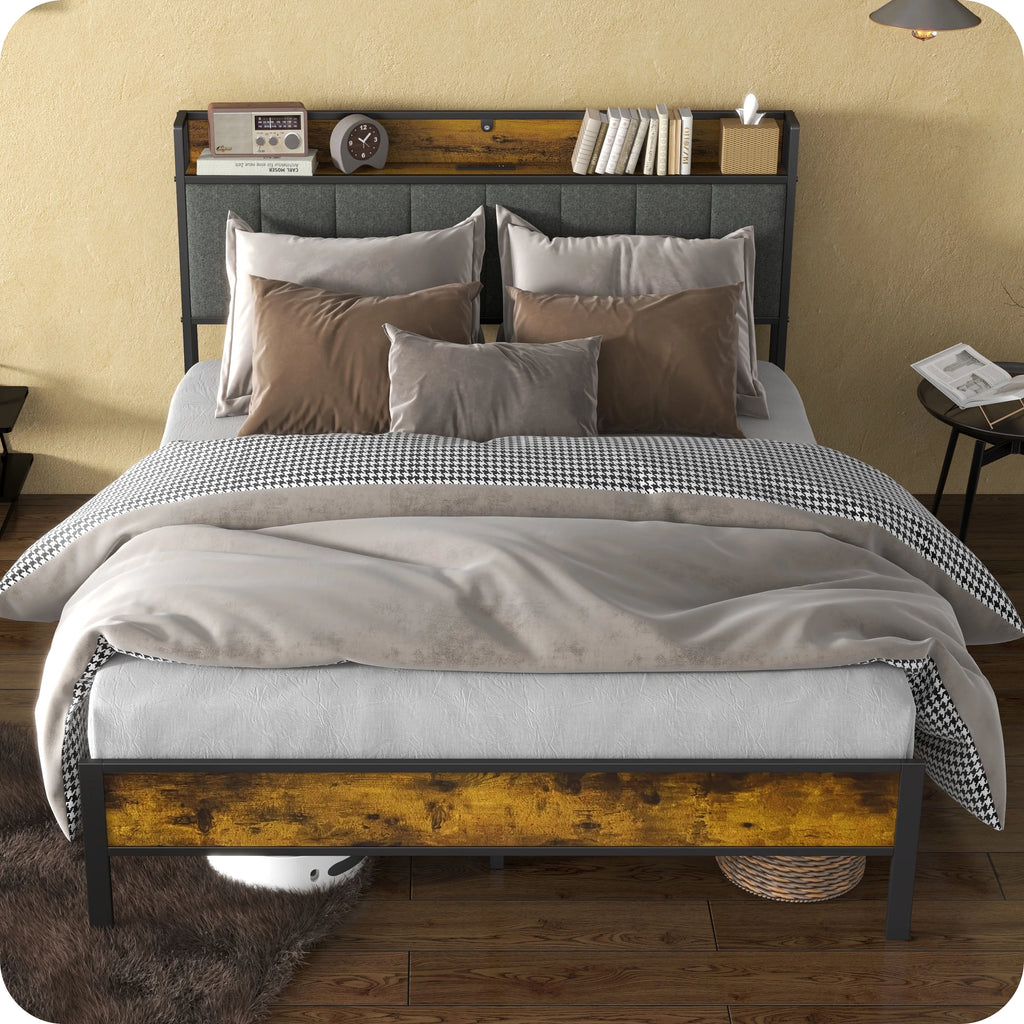 Log Brown Full Size Metal Bedframe with Headboard R5228