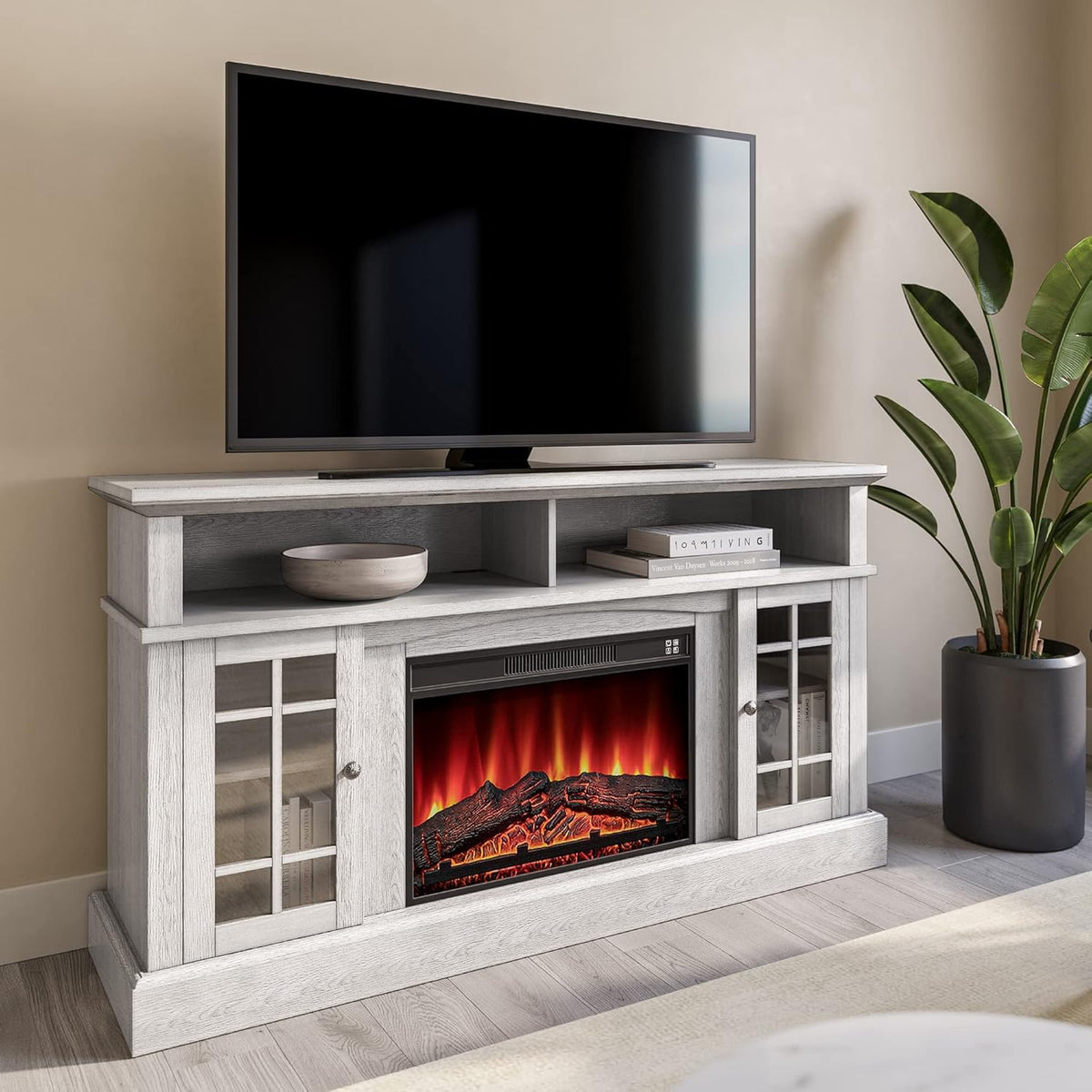Gray Wash Electric Fireplace TV Stand with Open Storage Shelves and Cabinets S123626