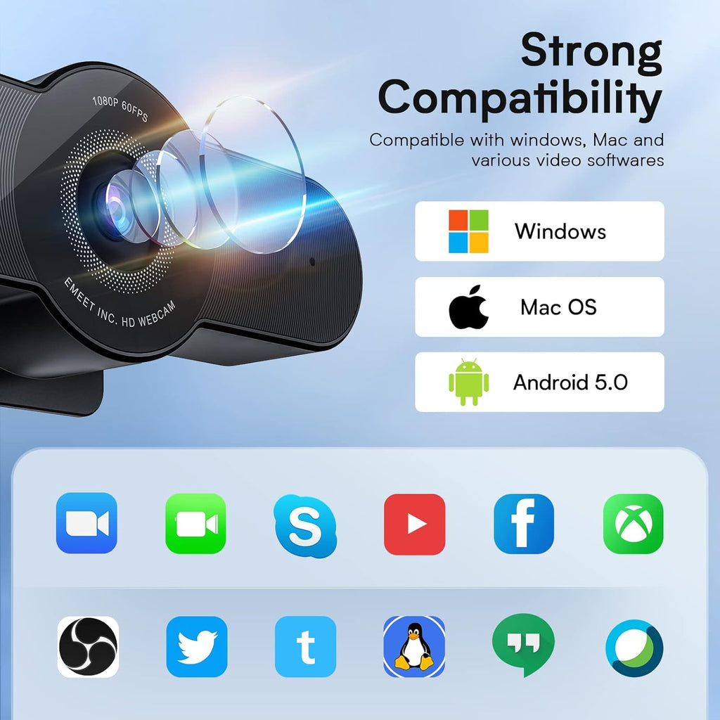 1080P 60FPS Webcam with Privacy Mode, Built-in 2 Noise Reduction Mics, Autofocus USB Camera W356